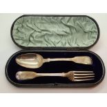 Cased Victorian hallmarked silver spoon and fork