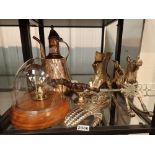 Collection of mixed copper and brass including an Eastern coffee pot