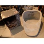 Table top decanter and four tumblers boxed with slipper bed pan