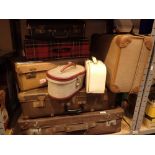 Collection of suitcases leather pressed card vanity and picnic with a sprung lid example