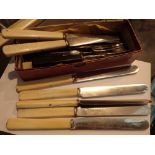 Set of six large antique ivory handled dinner knives with receipt for reblading dated 1954 and