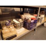 Two shelves of new old stock catering items including large quantity of flexible ovenware bottle