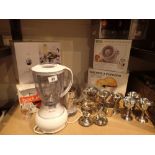 Boxed three tier steamer popcorn machine juicer breville blender and quantity of plated ware