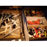 Two boxes of toys including Matchbox Mecanno building blocks and aeroplanes