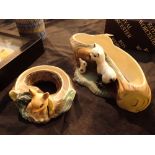 Two Hornsea pottery flower bud troughs with animal figurines