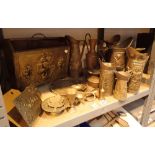 Shelf of mixed brass and copperware