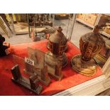 Three Art Deco stepped picture frames with two lamp bases with inlaid detail