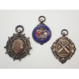 Three silver watch fobs one with enamelling