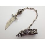 White metal Eastern style dagger brooch with filigree scabbard blade stamped sterling