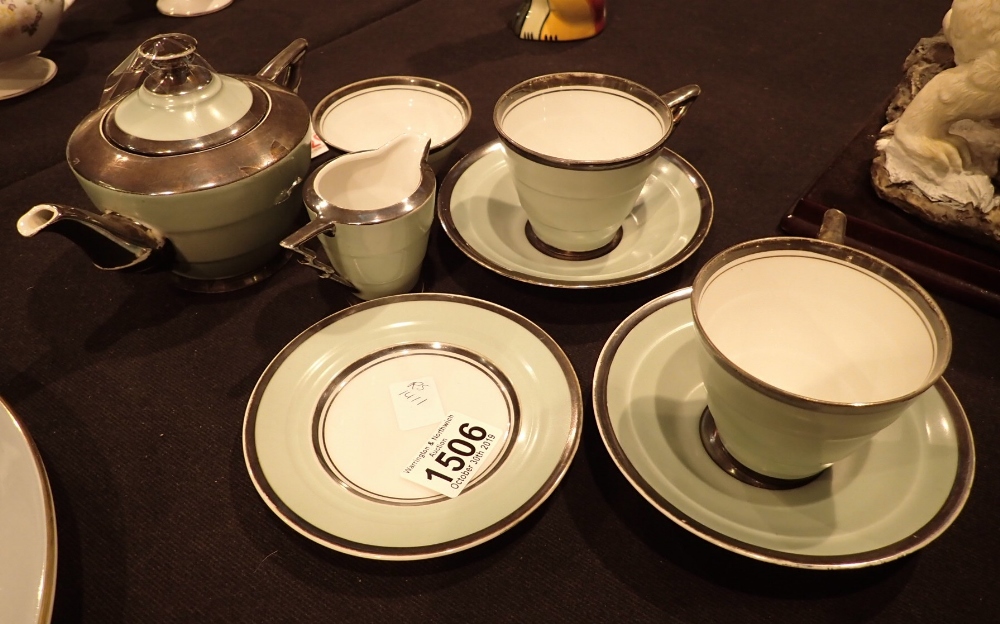 Art Deco tea for two tea set in pale green with sterling silver highlights comprises two cups /