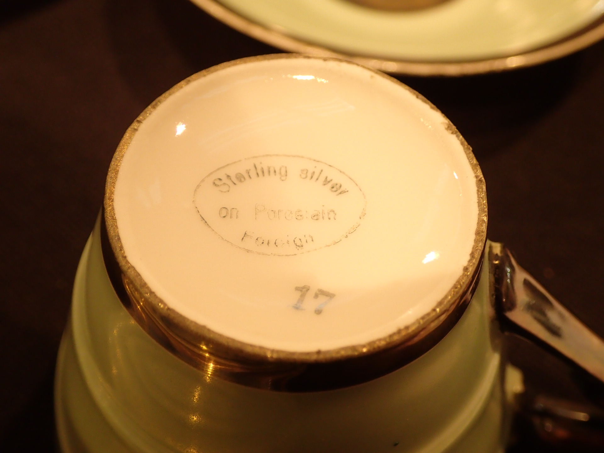 Art Deco tea for two tea set in pale green with sterling silver highlights comprises two cups / - Image 2 of 2