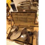 Mixed items to include an ammunition box jerry can hand pump and two metal wall lights