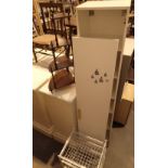 Tall melamine white cabinet and a wine mesh kitchen storage trolley