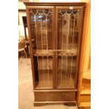 Large desk stained wood twin door display unit with faux leaded doors