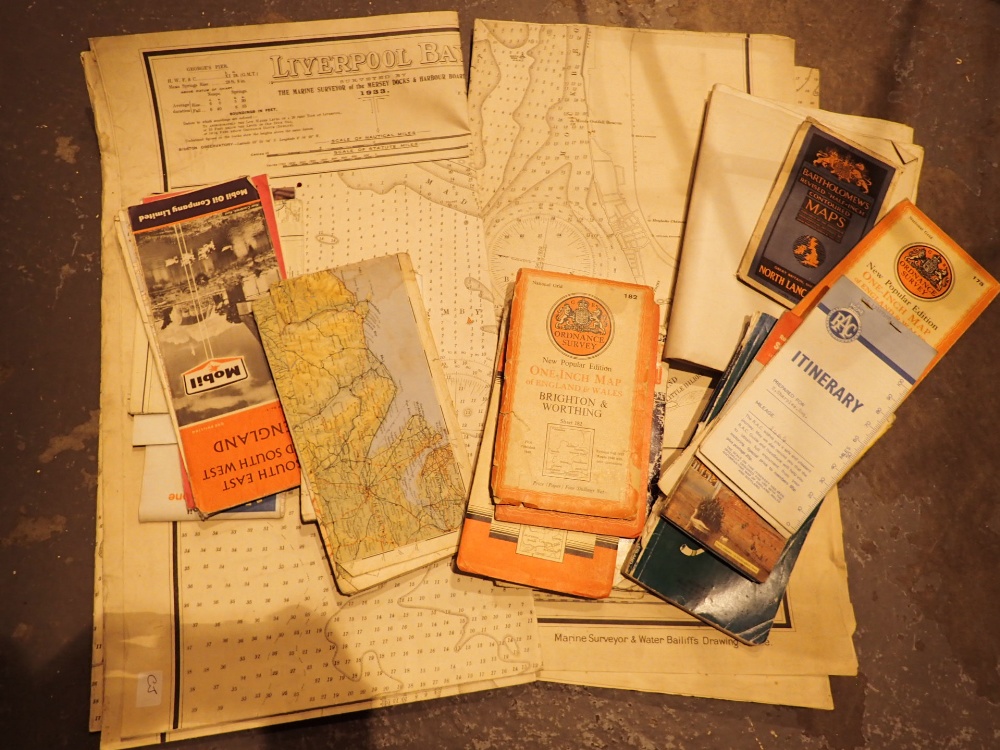 Shelf of Ordnance Survey maps to include two large Marine survey maps of Liverpool by 1933