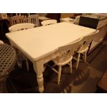Painted white table and four chairs in solid pine CONDITION REPORT: Deep set screws,