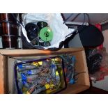 Box of mixed fishing items to include fishing weights lines and reels