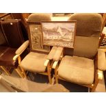 Two pine framed upholstered recliner chairs with woolwork and two pictures including an oil on