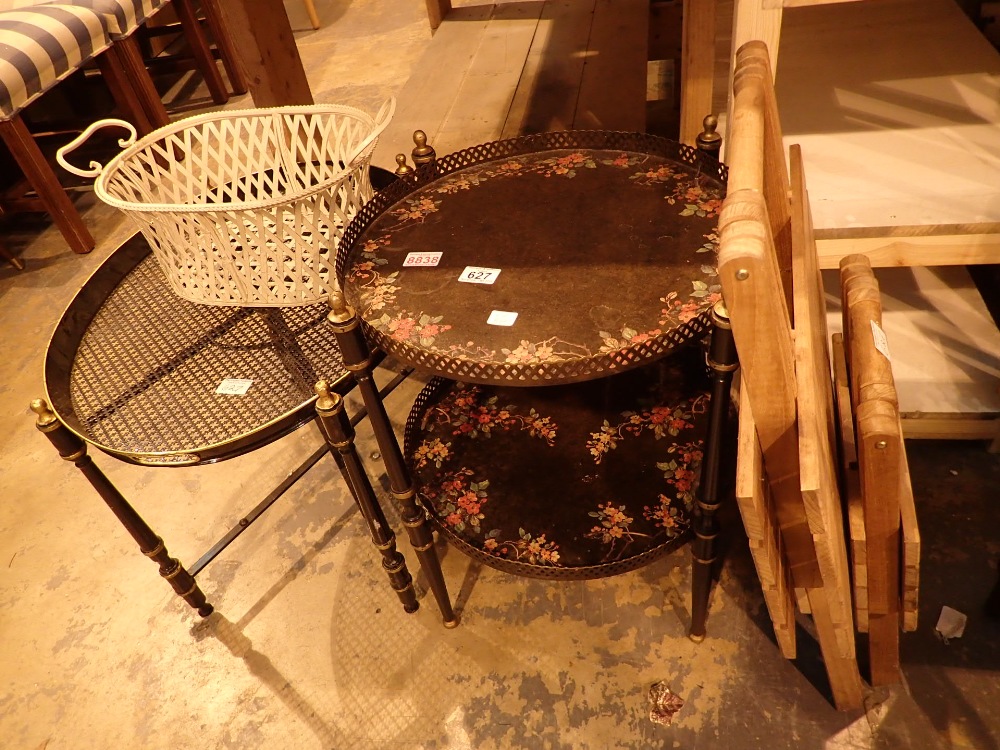 Two metal tables and two fold up tables with metal woven basket