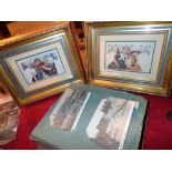 Two framed antique postcards and an album of similar postcards