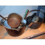 Brass and enamel pans with vermin trap copper kettle etc