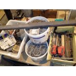 Large box of mixed garage items including door locks with keys three large tubs of nails etc