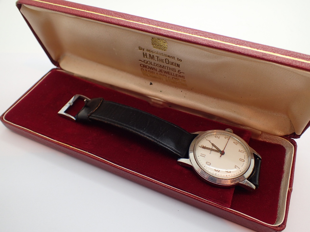 Boxed stainless steel Garrard wristwatch with ICI 1958 inscription