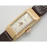 9ct yellow gold ladies Bensons of London tank wristwatch on leather strap