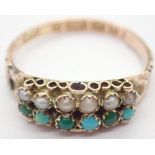 Antique 9ct gold turquoise and seed pearl ring size K 1.