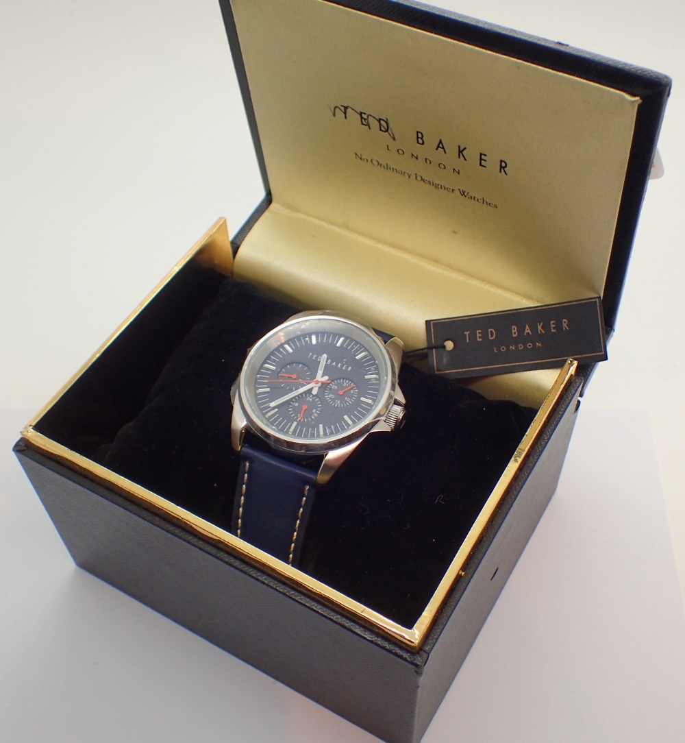 Boxed gents stainless steel multi dial Ted Baker wristwatch on leather strap