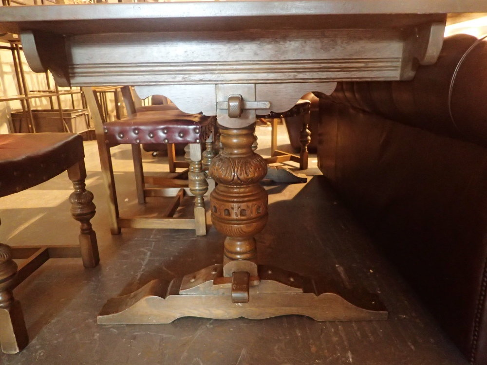 Large oak trestle dining table with four - Image 2 of 3