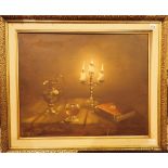 Large framed oil on board table scene by