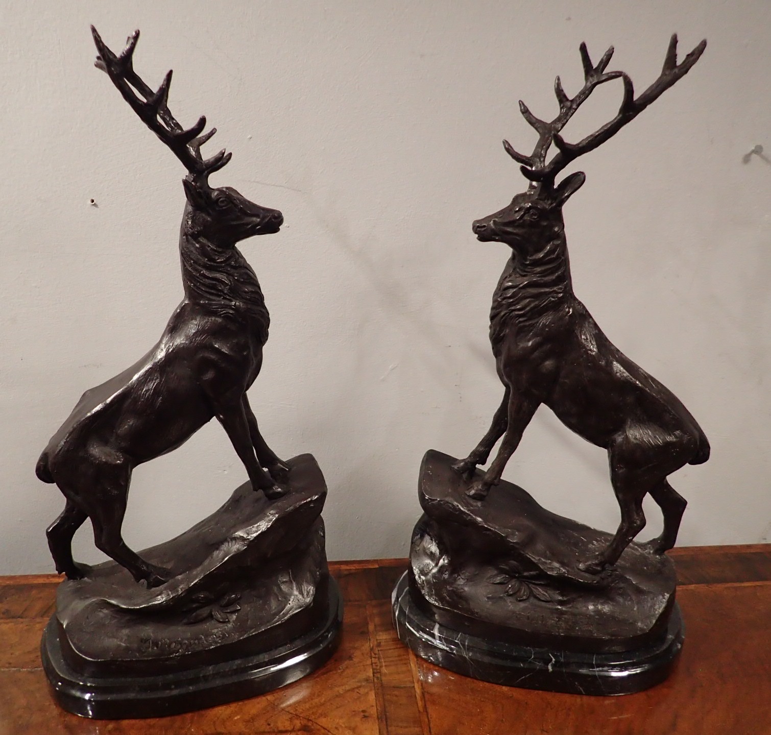 Pair of bronze stags on marble bases H: - Image 2 of 7