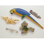 Five assorted brooches including parrot example