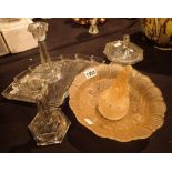 Five piece Art Deco dressing table set and an opaque pink flower bowl with naked maiden flower