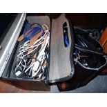 Leather pilots case and bag of mixed audio related electrical leads from unknown sources