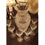 Waterford Crystal vase ( ex Harrods 1980 ) and six liqueur glasses