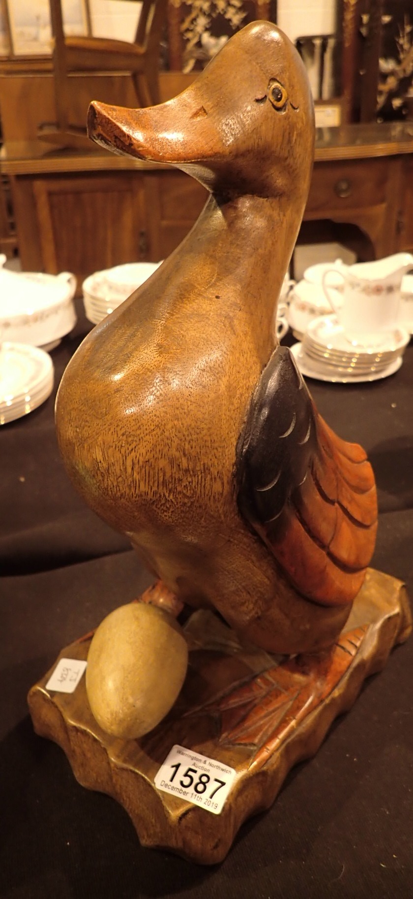 Large carved wood duck with egg H: 60 cm