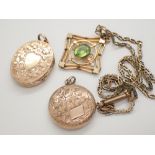 Gold plated Edwardian green quartz set pendant on a rolled gold chain and two gold plated lockets