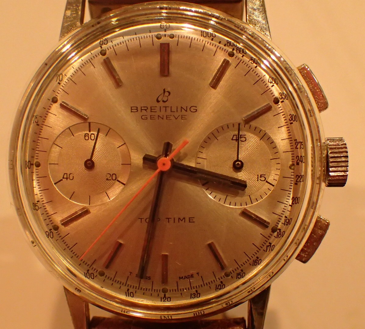 Gents Breitling vintage Top Time chronograph wristwatch recently serviced silver dial and brown - Image 3 of 3