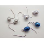 Three pairs of genuine coloured pearl and silver drop earrings
