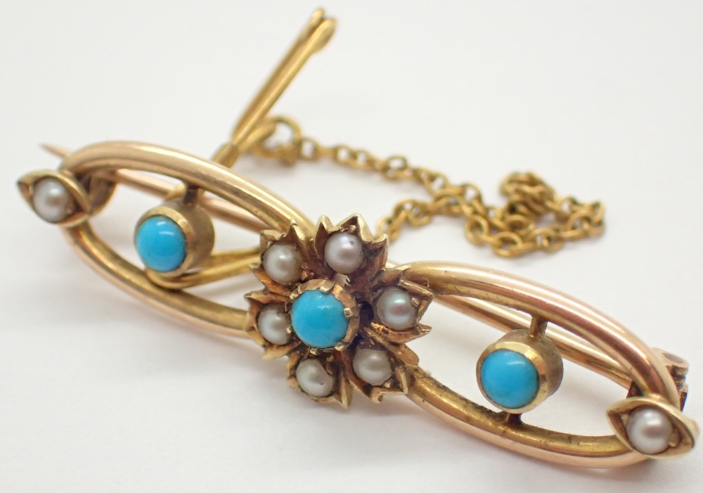 10ct yellow gold turquoise cabochon and seed pearl set brooch with safety chain 3.