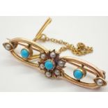 10ct yellow gold turquoise cabochon and seed pearl set brooch with safety chain 3.