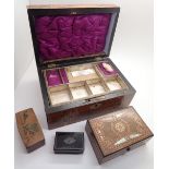 Edwardian ladies jewellery box with box and fruit woods inlay and other boxes including snuff etc
