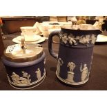 Wedgwood blue and white jug and a sugar bowl