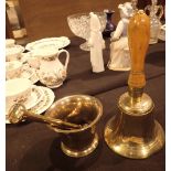 Large school hand bell and brass pestle and mortar
