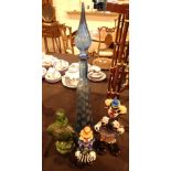 Two Murano glass clowns a 1960s tall blue bottle and a glass decanter formed as an eagle