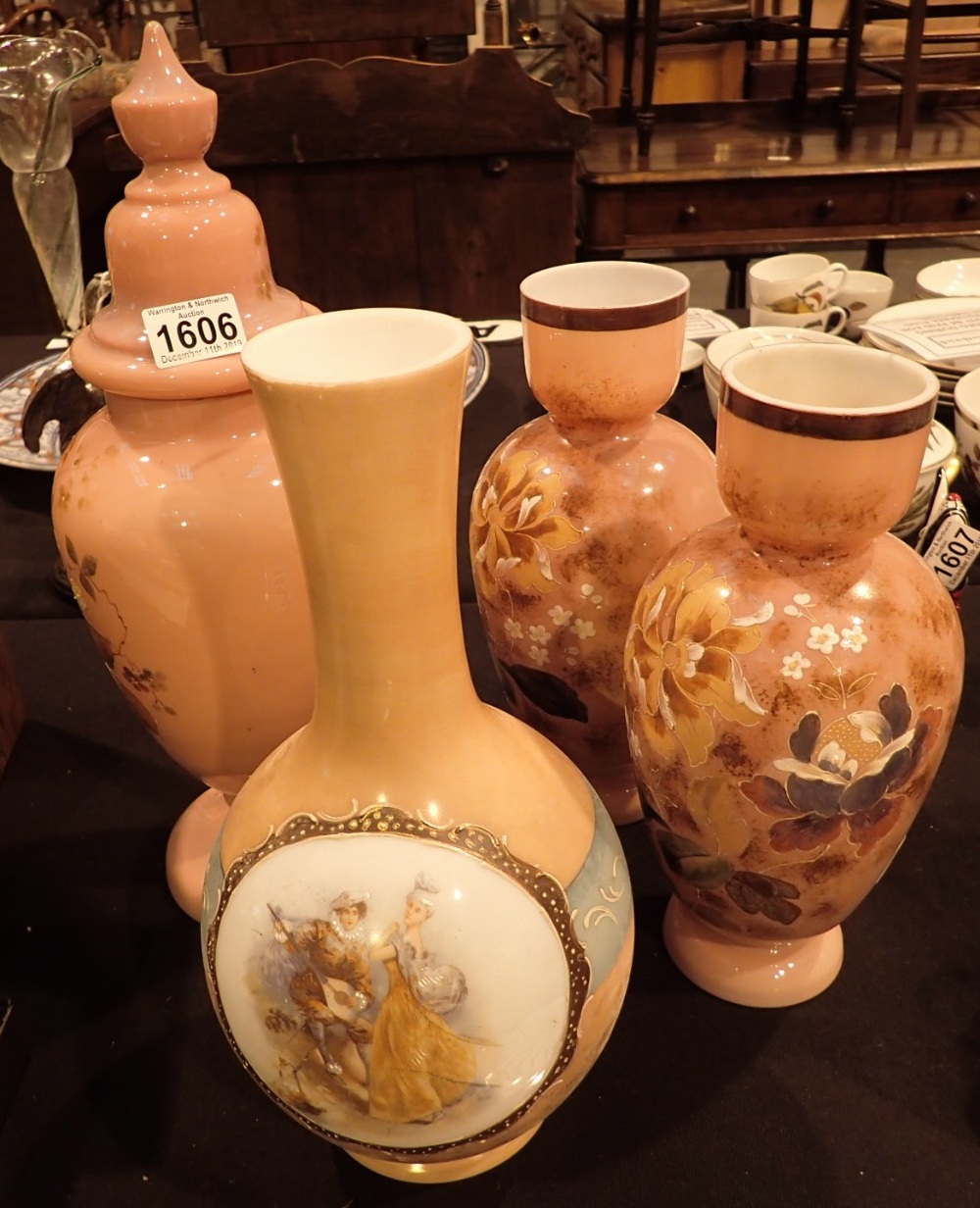 Four milk glass vases with hand painted floral decoration