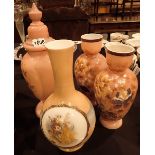 Four milk glass vases with hand painted floral decoration