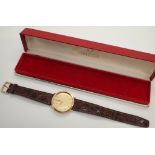 Gents 9ct gold mechanical Omega dress wristwatch with brown leather strap in original box